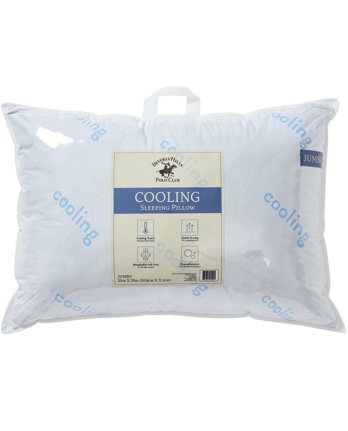 Cooling sleeping pillow with a label on a white background