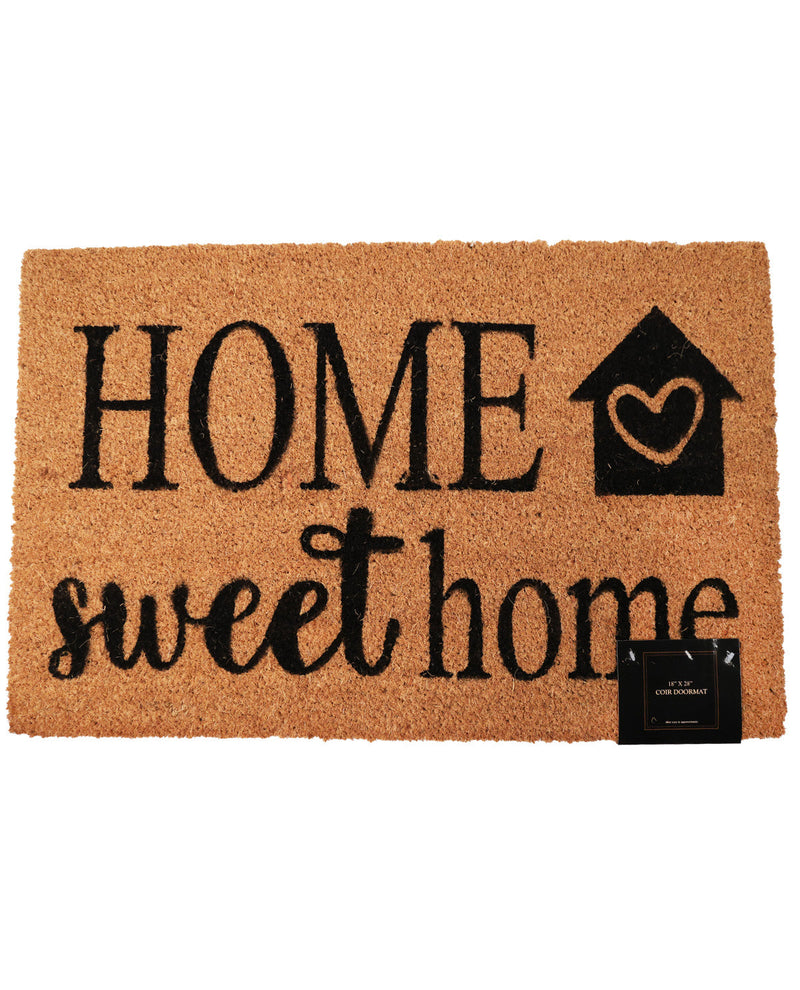 A rectangular natural coir doormat with the words 'HOME sweet home' in black lettering and a black house outline with a heart. A small black hangtag is attached at the lower right, shown on a plain white background.