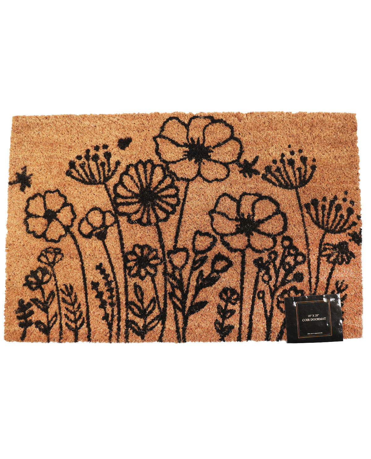 A rectangular natural coir doormat featuring a black line-art floral and botanical pattern, with a small black brand tag attached at the bottom right, shown on a plain white background.