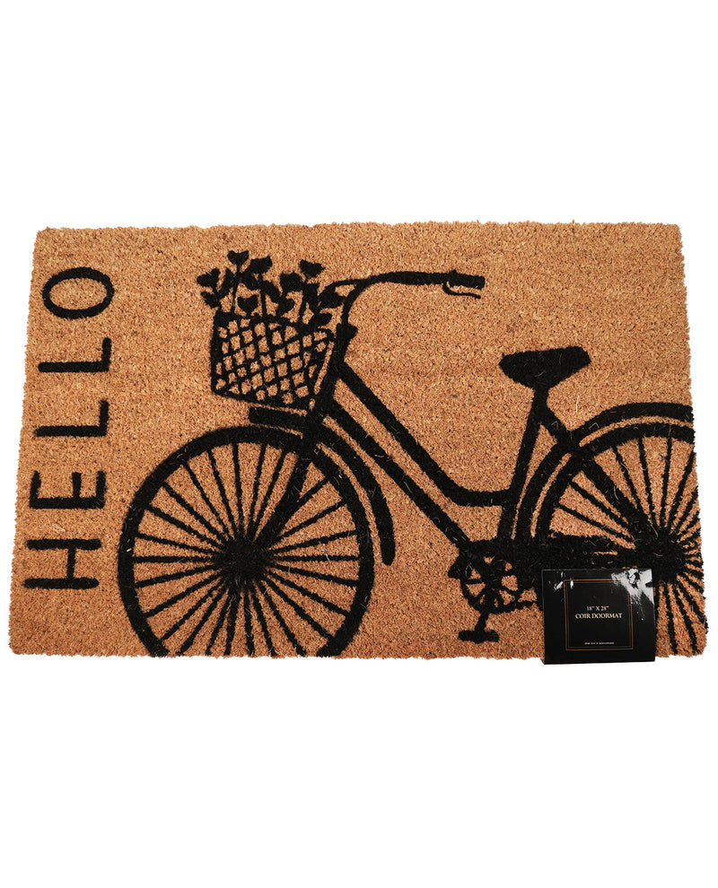 A rectangular coir doormat with a black bicycle graphic, a front basket with flowers, the word 'HELLO' printed vertically on the left, and a small black product tag attached near the lower right.