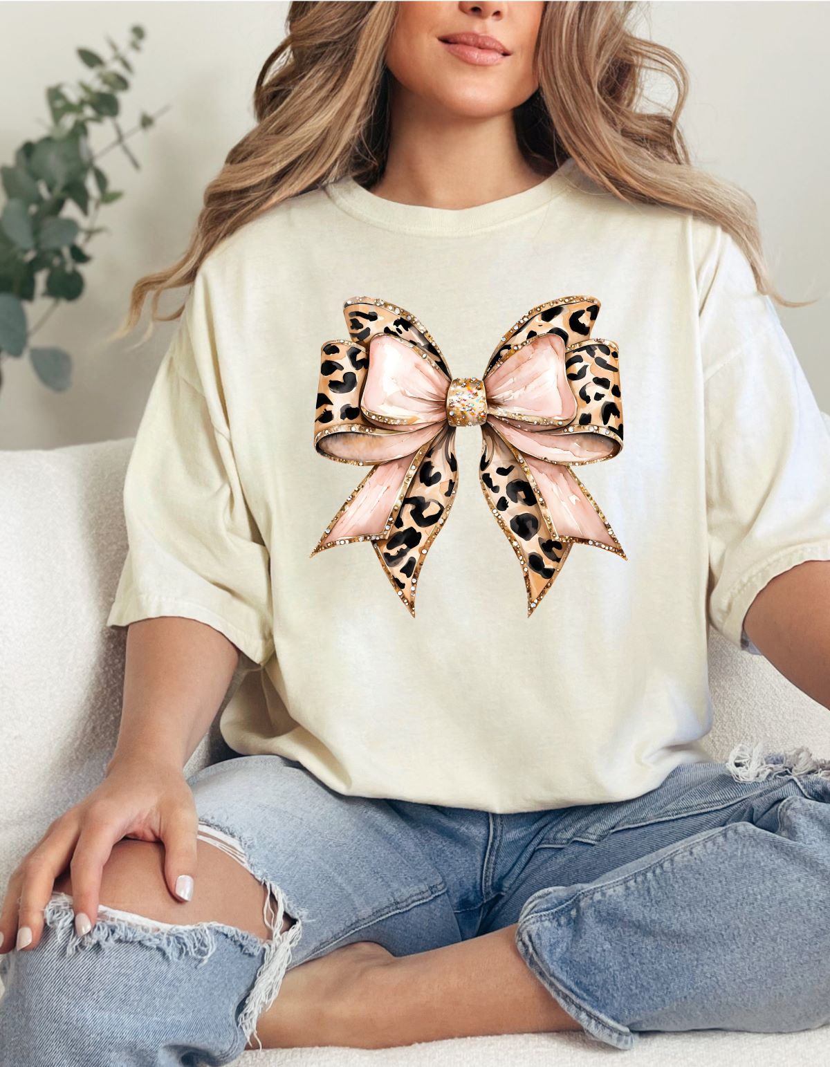 Dainty Glitter Leopard Bow Short Sleeve T-Shirt