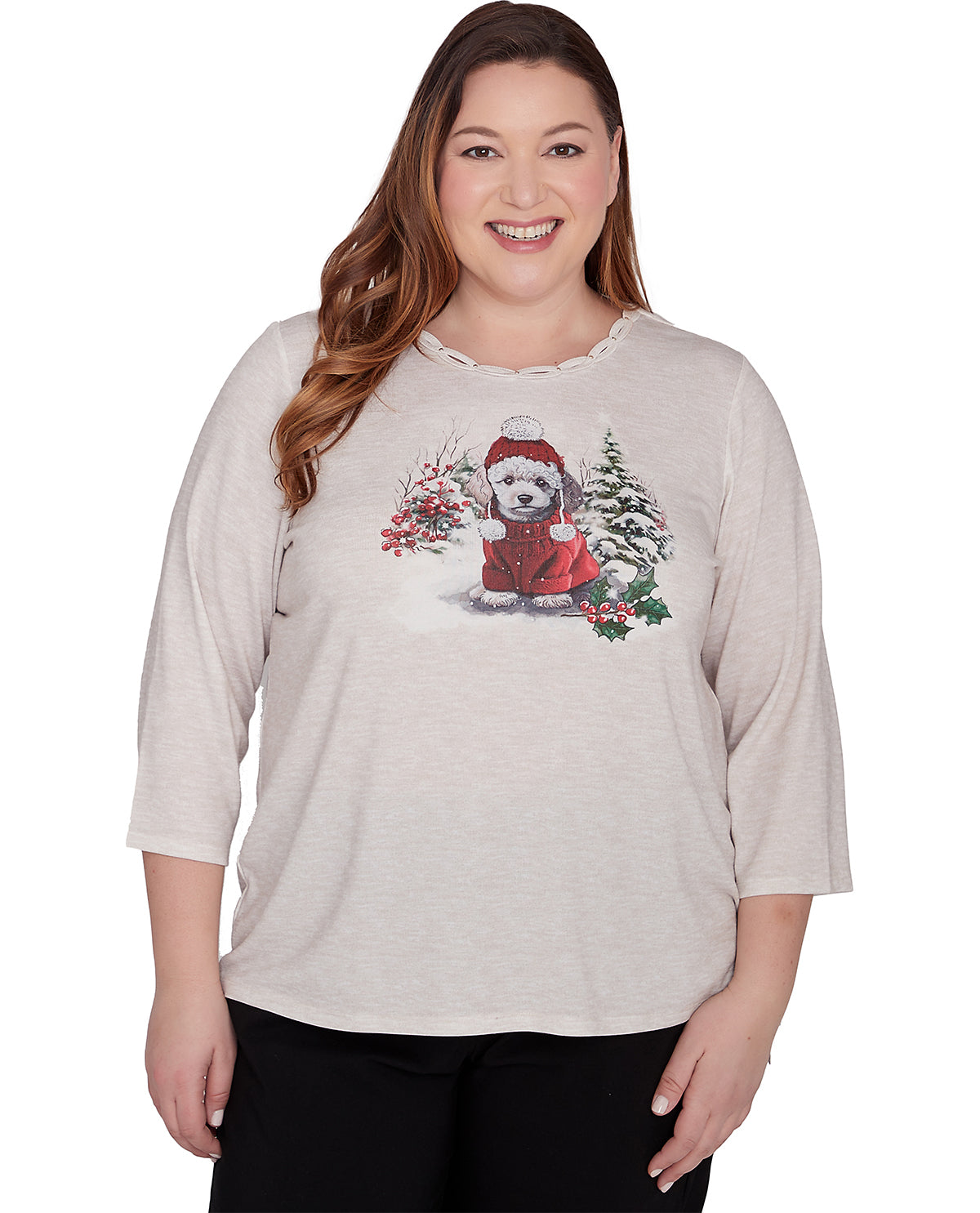 Alfred Dunner Women's Classic Christmas Snow Puppy Knit Top