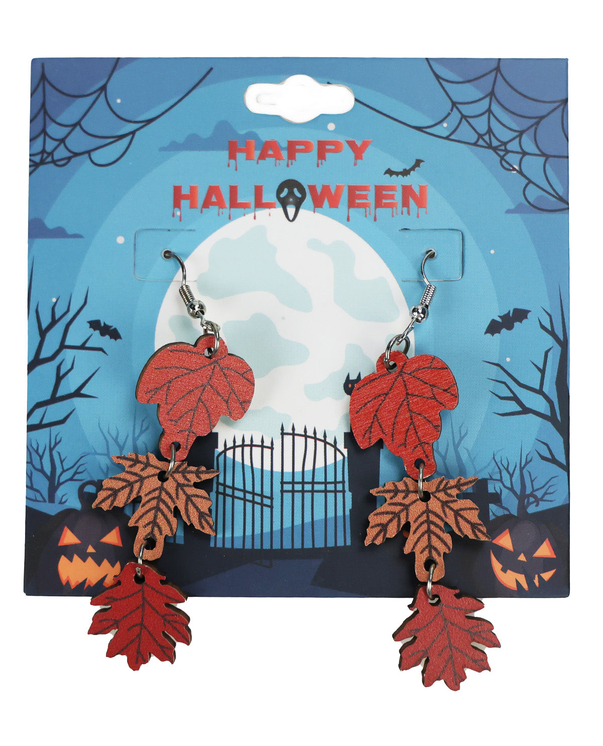 Halloween dangling earrings with red, orange, and brown leaf charms on a blue Halloween-themed retail card.