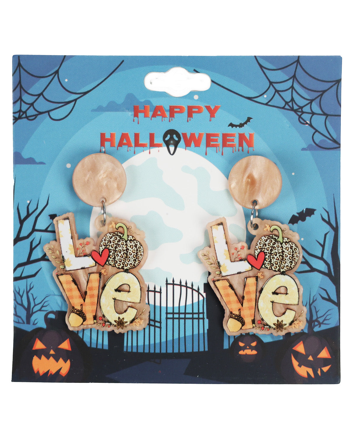Halloween-themed wooden statement earrings on a decorative retail card. The earrings feature the word 'Love' in wooden letters with a small pumpkin and red heart accent.