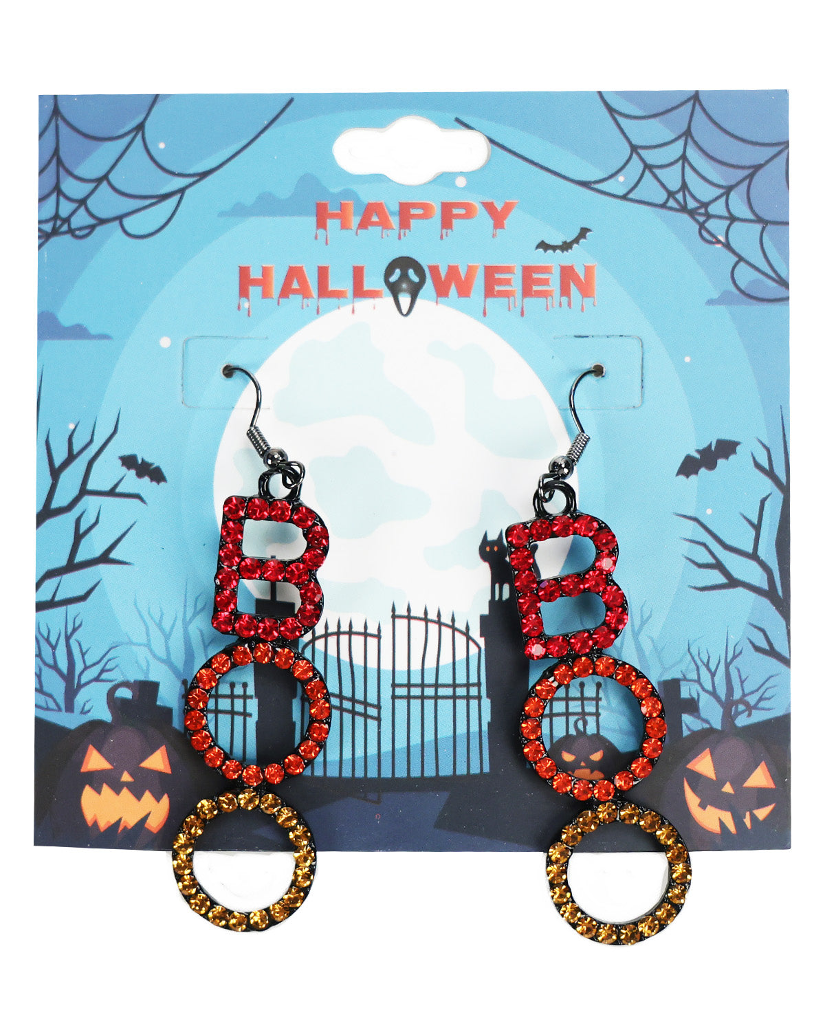 Halloween letter 'BOO' drop earrings with red rhinestone letters and gold glitter rings, displayed on a blue 'Happy Halloween' card.
