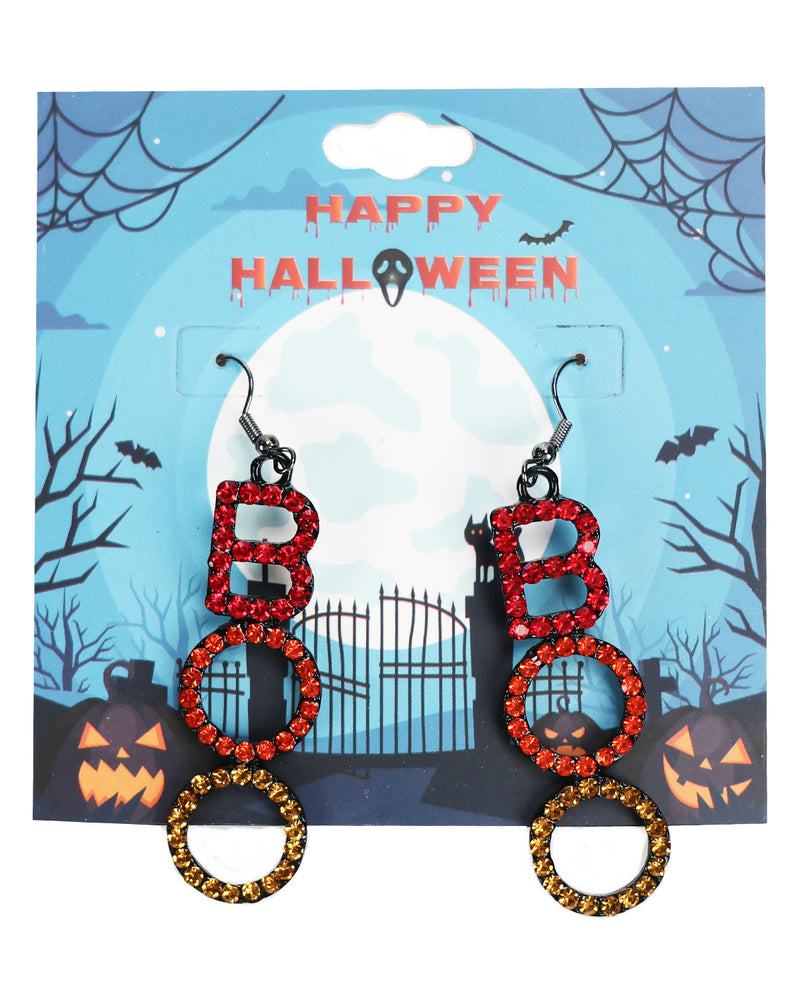 Halloween letter 'BOO' drop earrings with red rhinestone letters and gold glitter rings, displayed on a blue 'Happy Halloween' card.