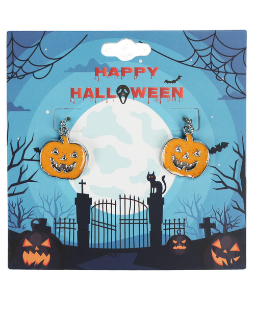 Halloween pumpkin-shaped earrings on a decorative retail card. The earrings have orange pumpkin faces with black outlines and silver-tone hooks.