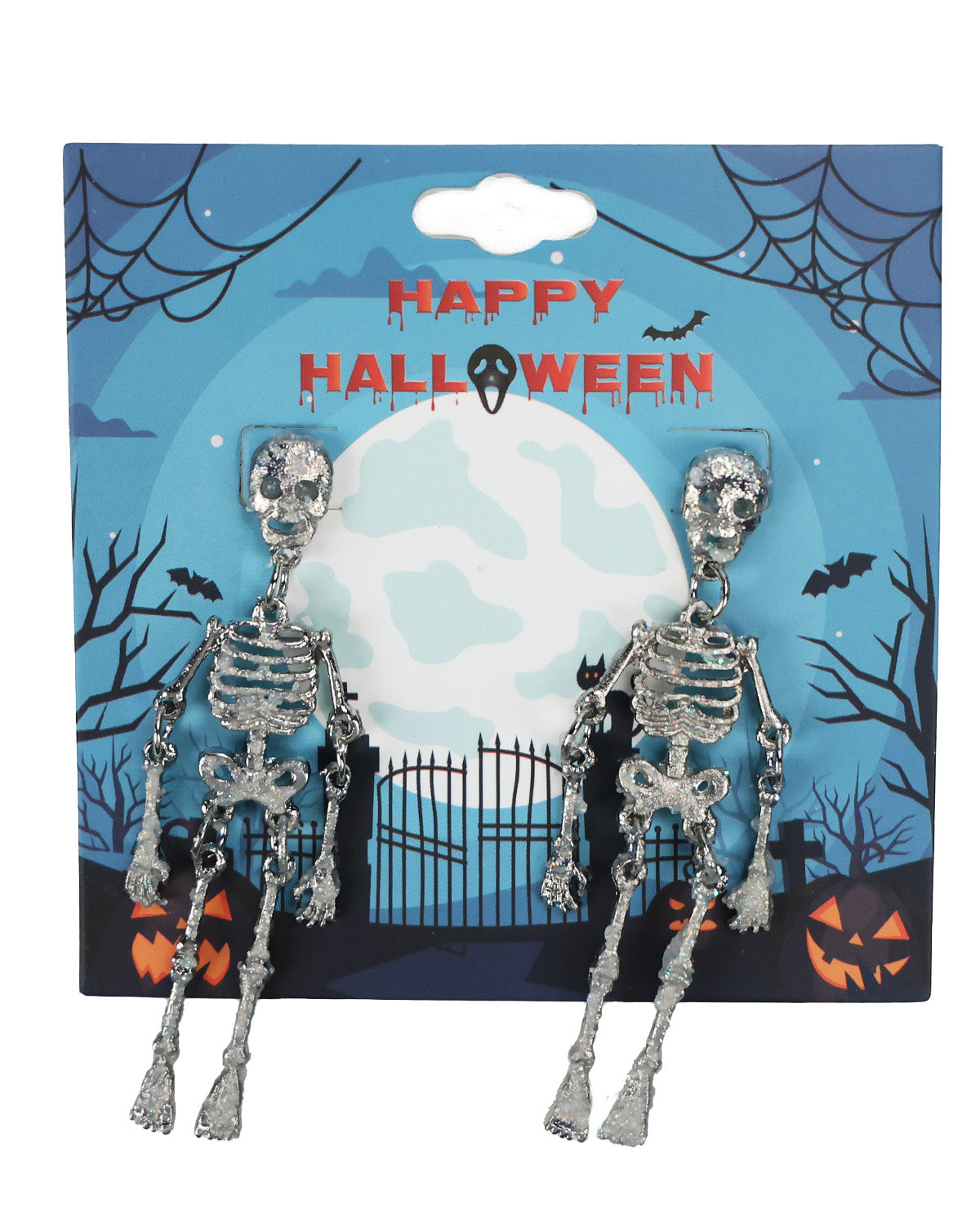 A pair of silver skeleton drop earrings displayed on a Halloween-themed backing card with a blue moonlit background and spiderwebs.