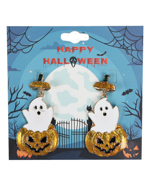 A pair of Halloween dangling earrings displayed on a themed retail backing card. Each earring features a white ghost with black eyes and mouth, sitting in a gold jack-o'-lantern pumpkin, set against a blue moonlit Halloween background with spiderwebs, bats, and a gate.