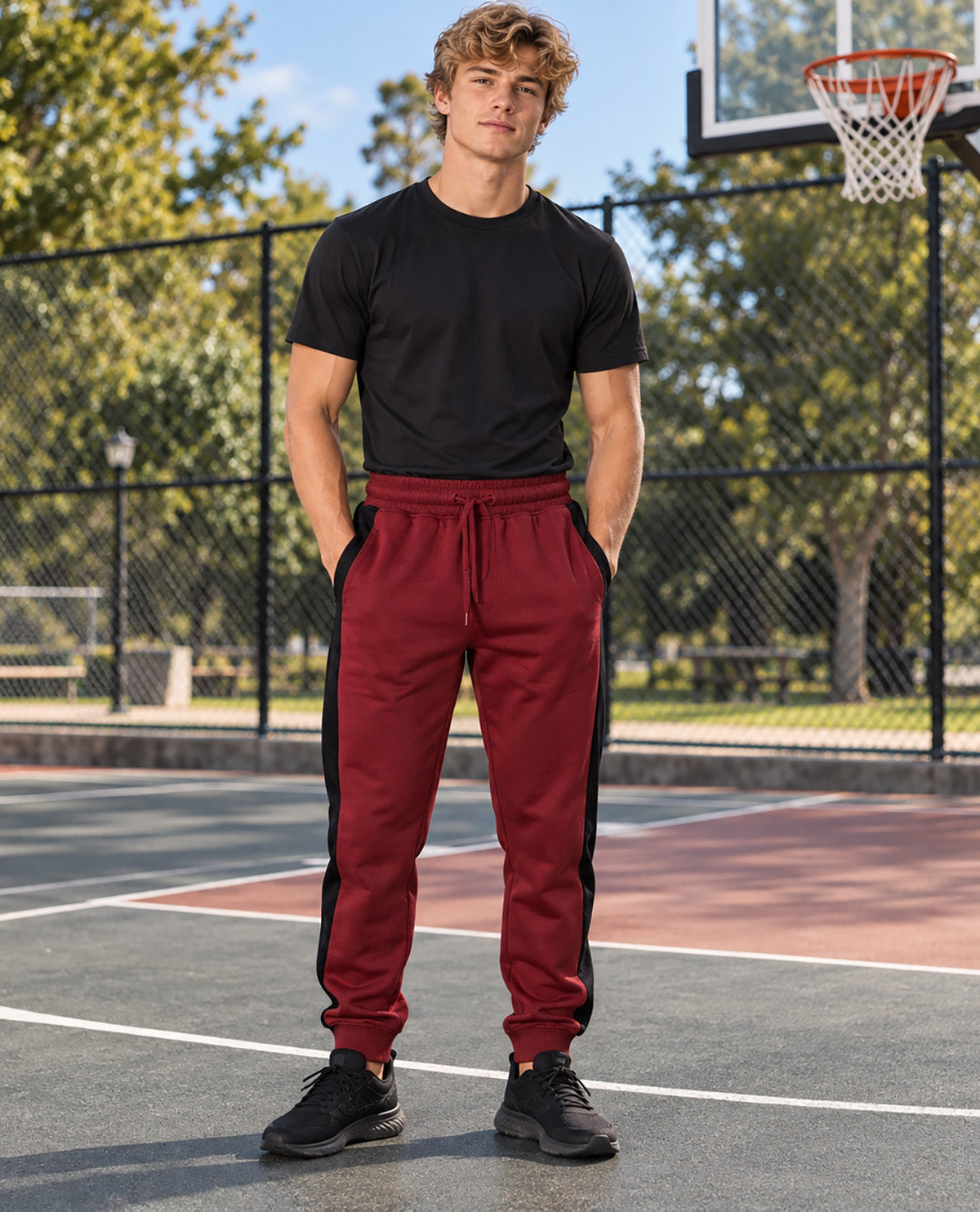 A man standing on an outdoor basketball court wearing a black t-shirt and burgundy jogger sweatpants with black side stripes, paired with black sneakers.