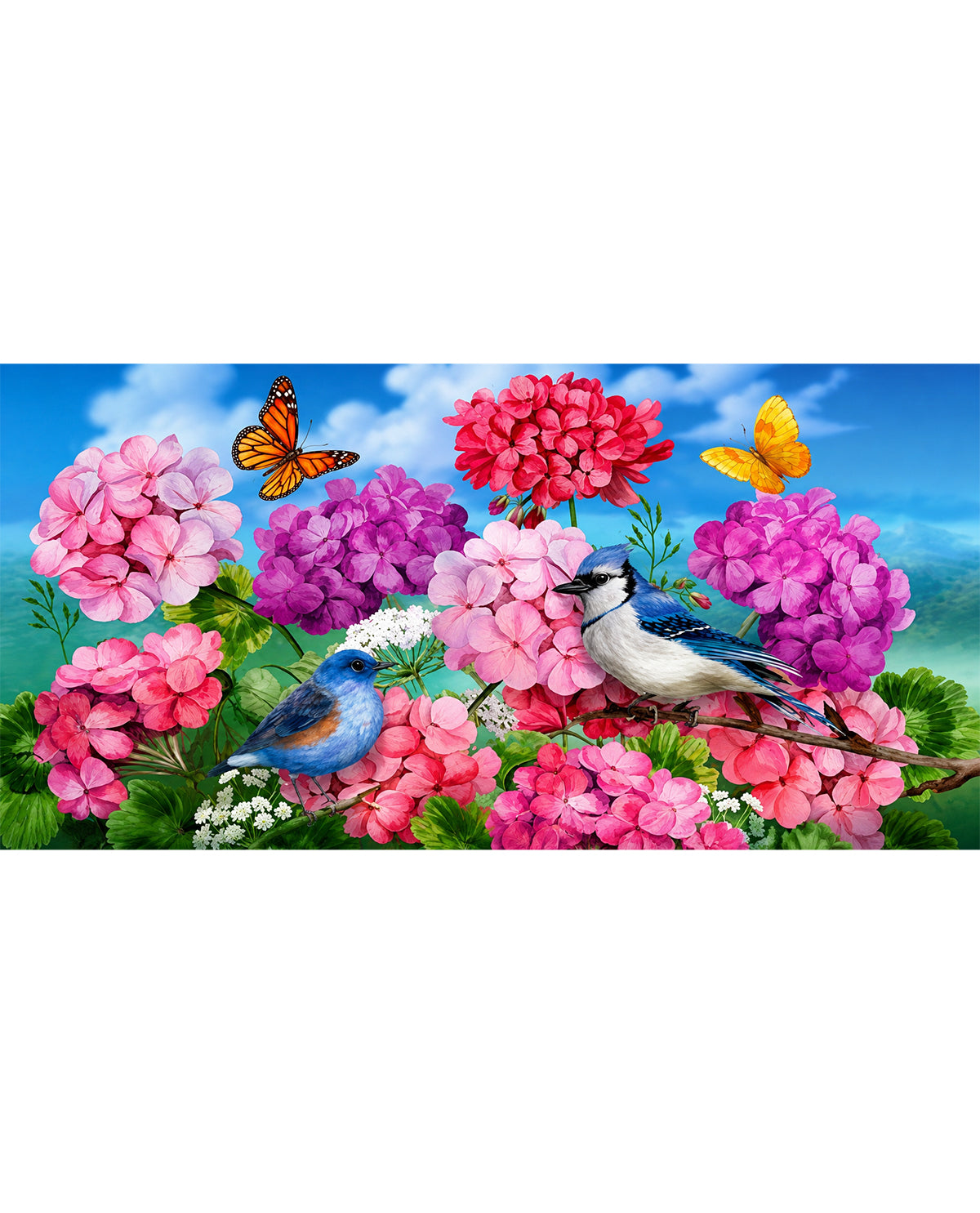 Colorful flowers with birds and butterflies on a blue sky background