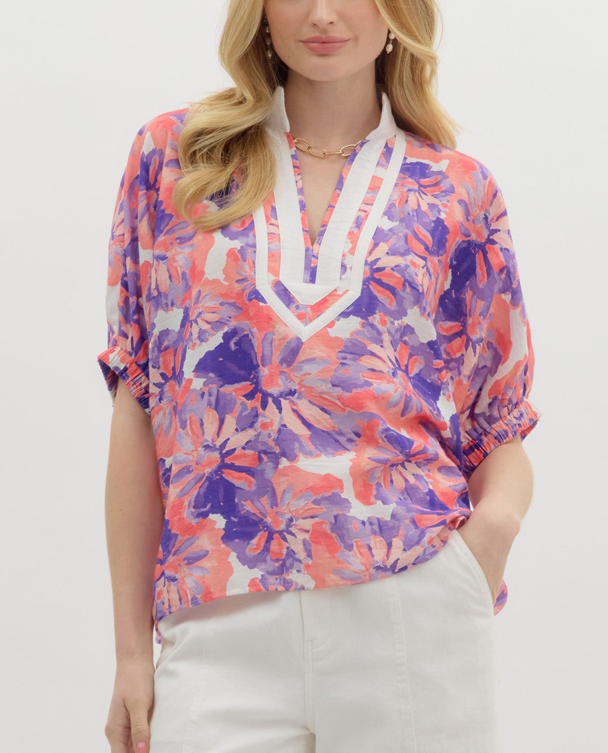 Tropical Floral Split Neck Top