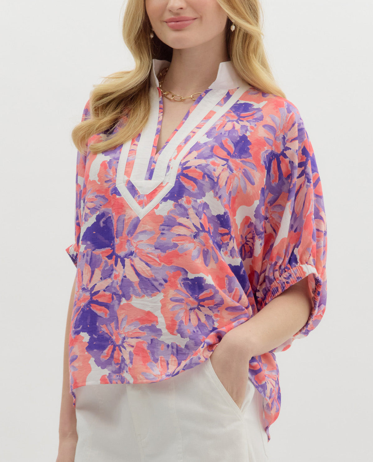 Tropical Floral Split Neck Top