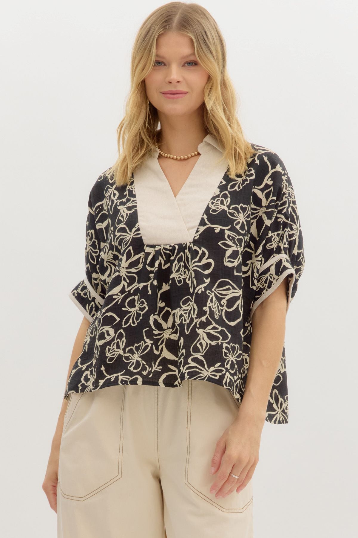 Abstract Vintage Floral Contrast Split Neck Top