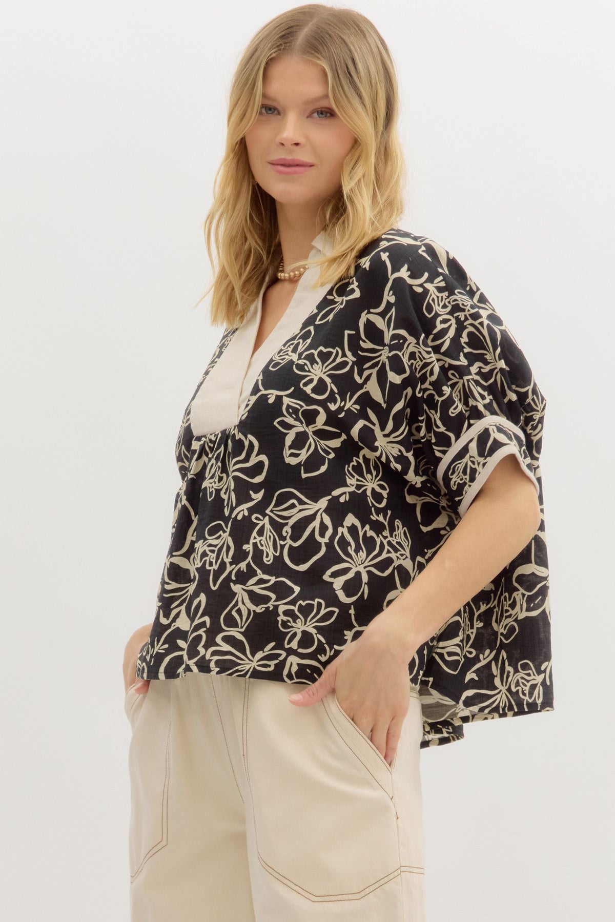 Abstract Vintage Floral Contrast Split Neck Top