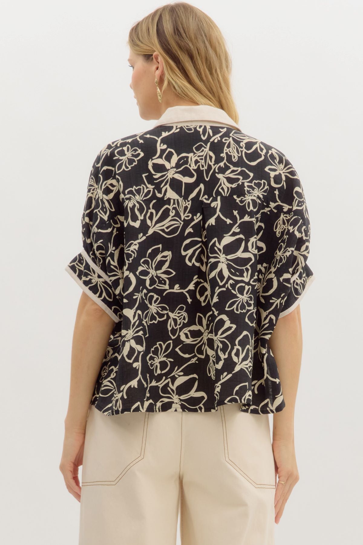 Abstract Vintage Floral Contrast Split Neck Top