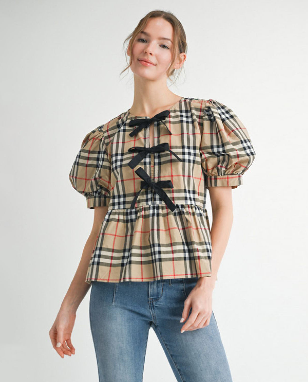 Checkered Plaid Top with Central Bow Accents and Puffed Sleeves