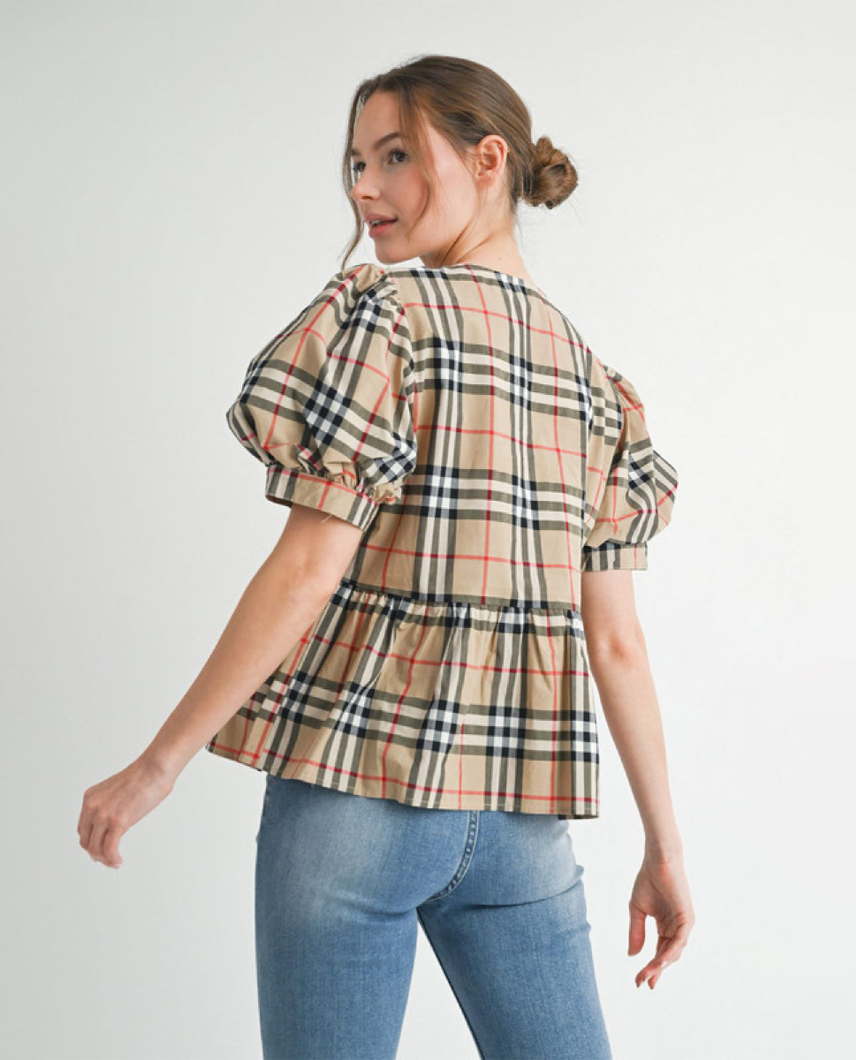 Checkered Plaid Top with Central Bow Accents and Puffed Sleeves