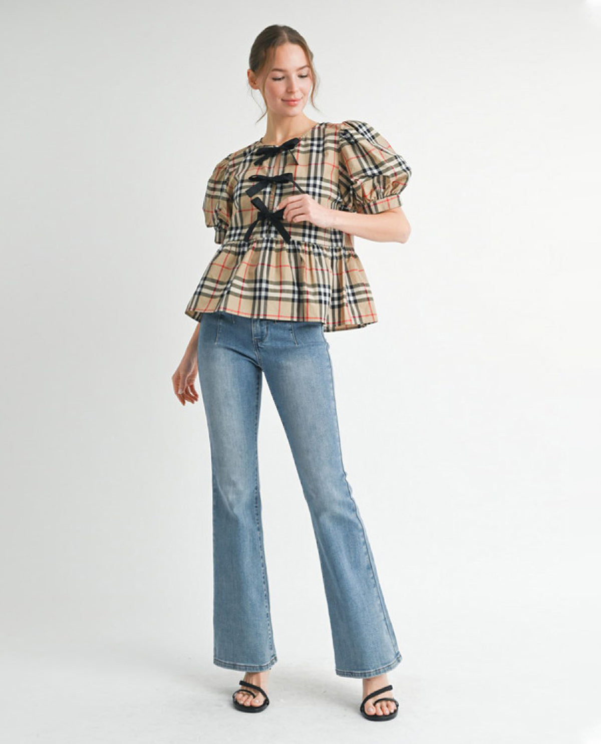 Checkered Plaid Top with Central Bow Accents and Puffed Sleeves