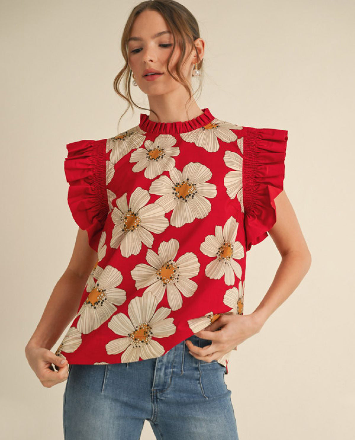 Floral Print Top with Frilled Neck & Ruffle Trim Sleeves