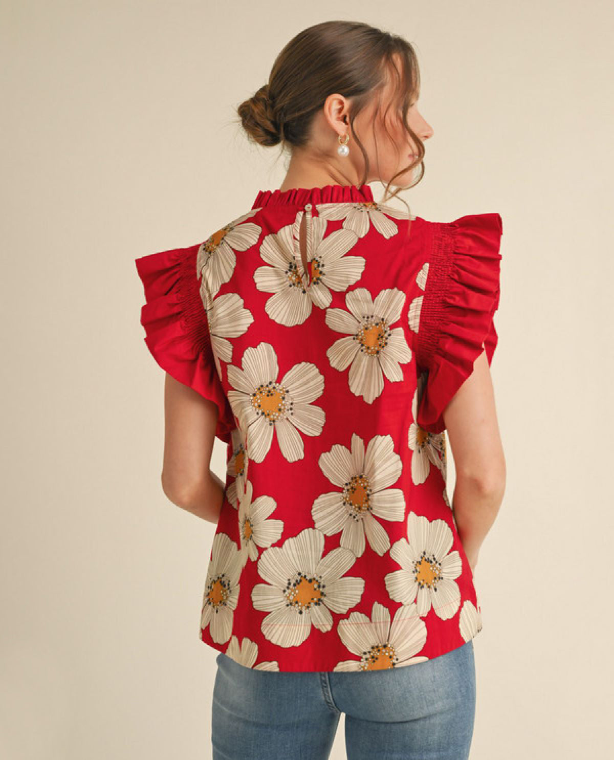 Floral Print Top with Frilled Neck & Ruffle Trim Sleeves