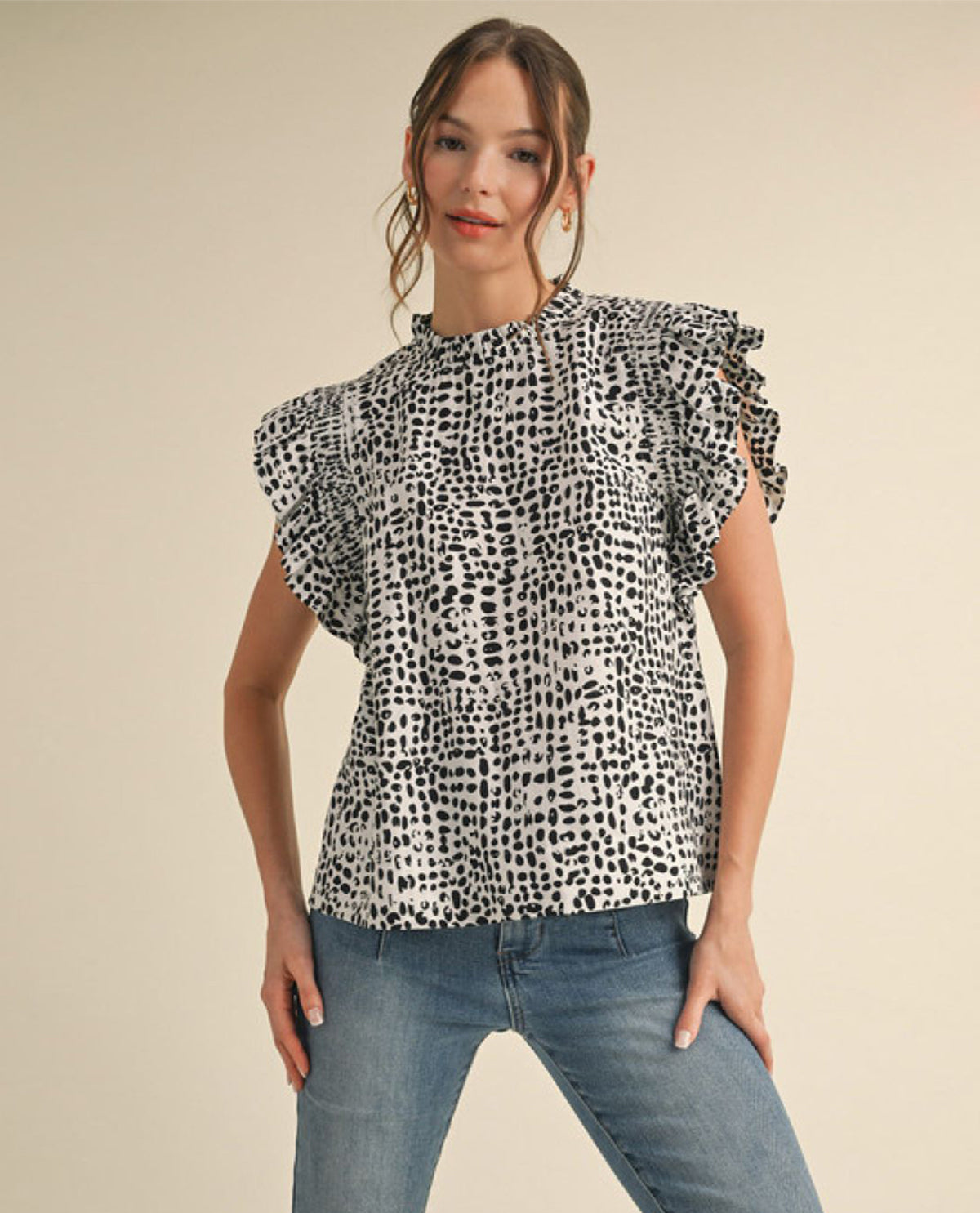 Plus Cheetah Print Top with Ruffle Sleeves