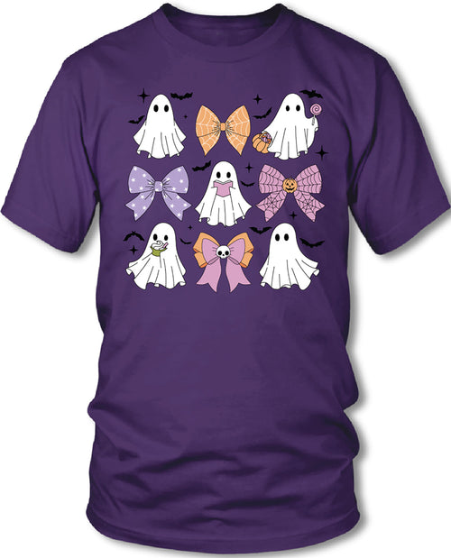 Purple t-shirt with ghost and bow design on a white background