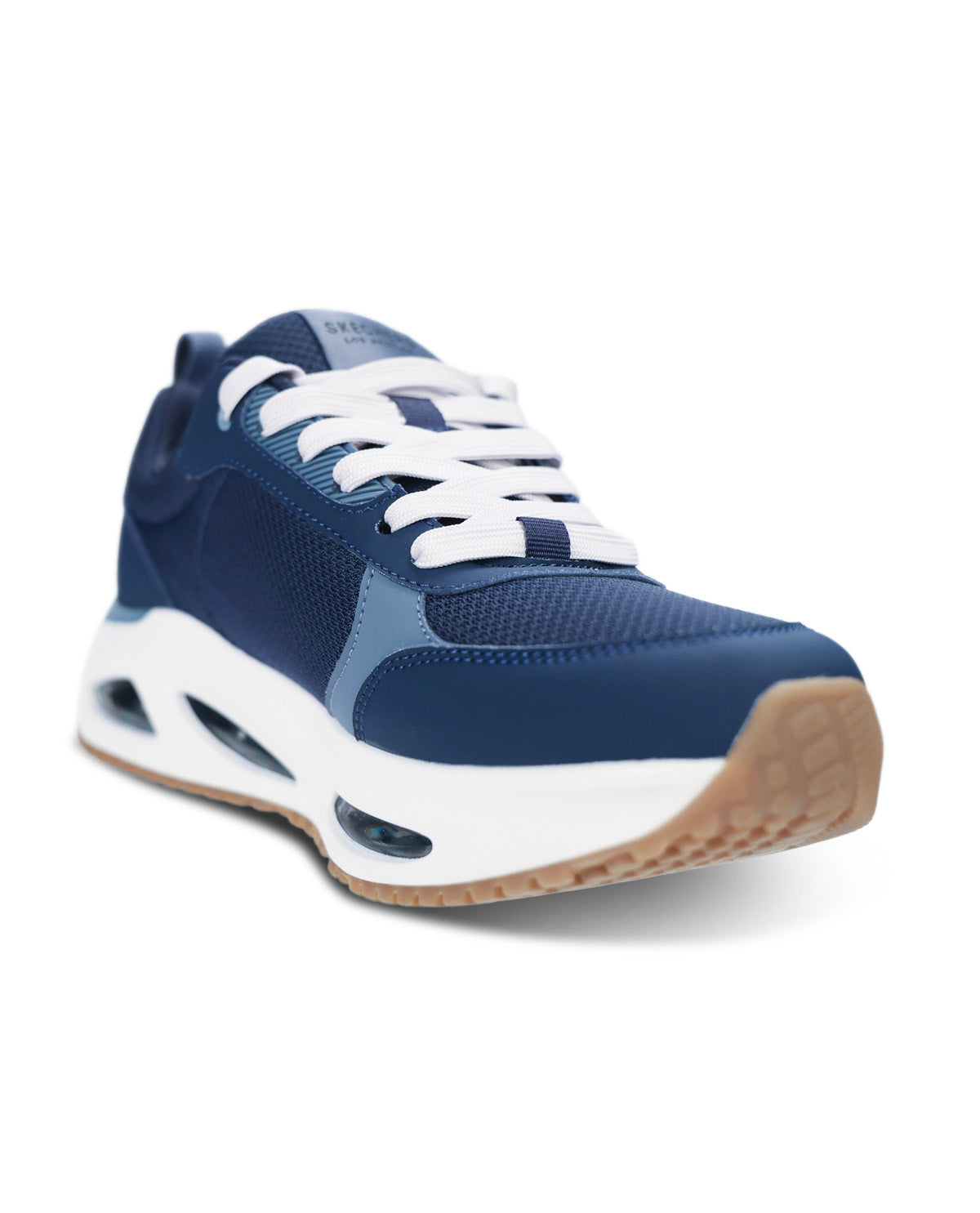 A navy blue athletic sneaker with white laces, a white midsole, and a brown gum outsole, shown from a three-quarters angle on a white background.
