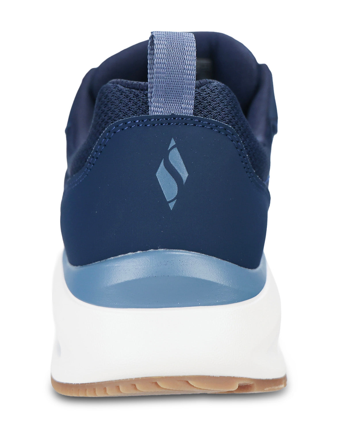A close-up rear view of a navy blue athletic shoe with a white midsole and a light blue pull tab, shown against a plain white background.