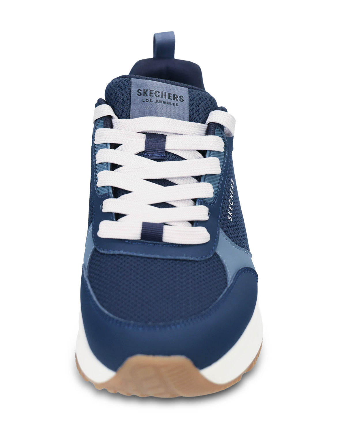 A Skechers Los Angeles sneaker in navy blue and white, featuring a mesh upper, white laces, and a tan outsole, shown from a front-facing perspective on a white background.