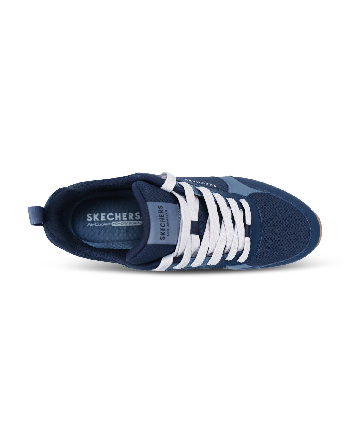 A navy blue Skechers sneaker shown from a side profile view against a plain white background.