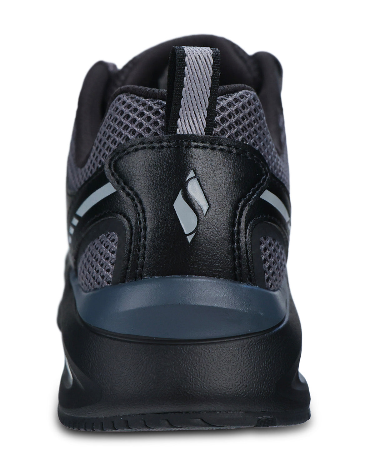 A close-up rear view of a black athletic sneaker with gray mesh panels and a gray pull tab, featuring a gray and black midsole.