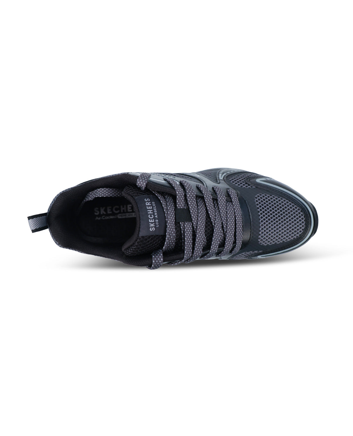 A Skechers athletic sneaker in dark gray and black, shown from a side profile view against a plain white background.