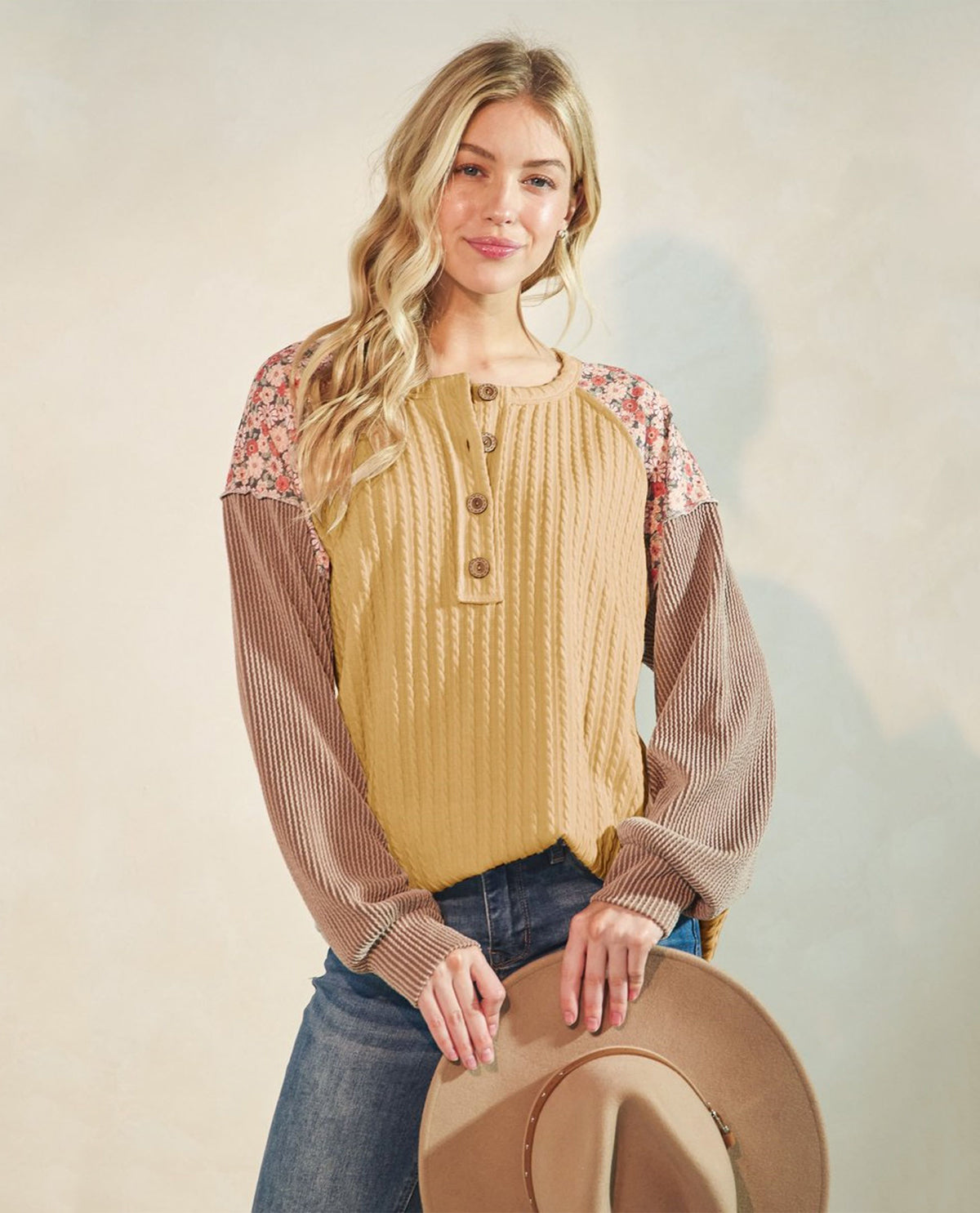 Textured Henley with Floral Print Sleeves