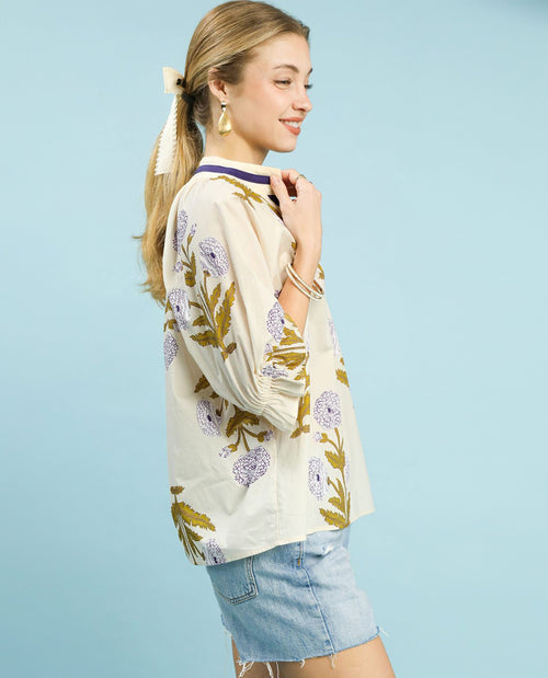 Umgee V-Neck Floral Top With Contrast Binding Cream