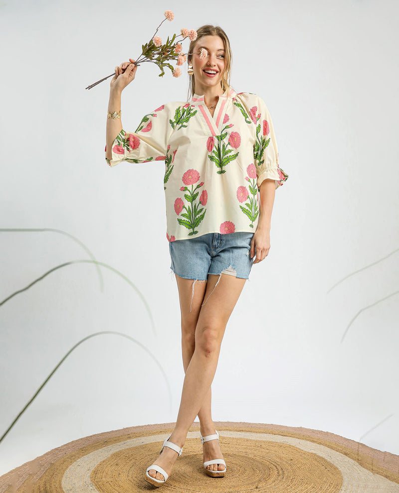 Umgee V-Neck Floral Top With Contrast Binding Cream