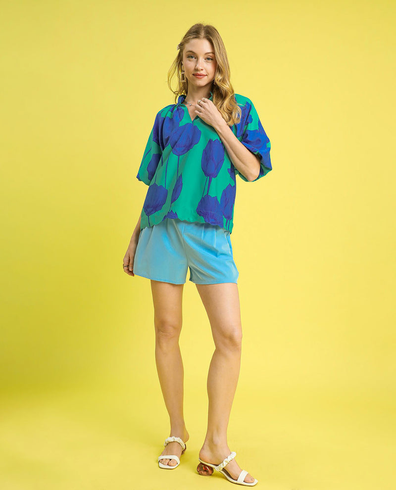 Floral Print Bubble Sleeve Top