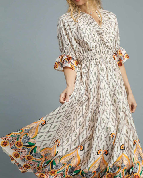 Boho Printed Smocked Waist Maxi Dress with Ruffle Trim Sleeves