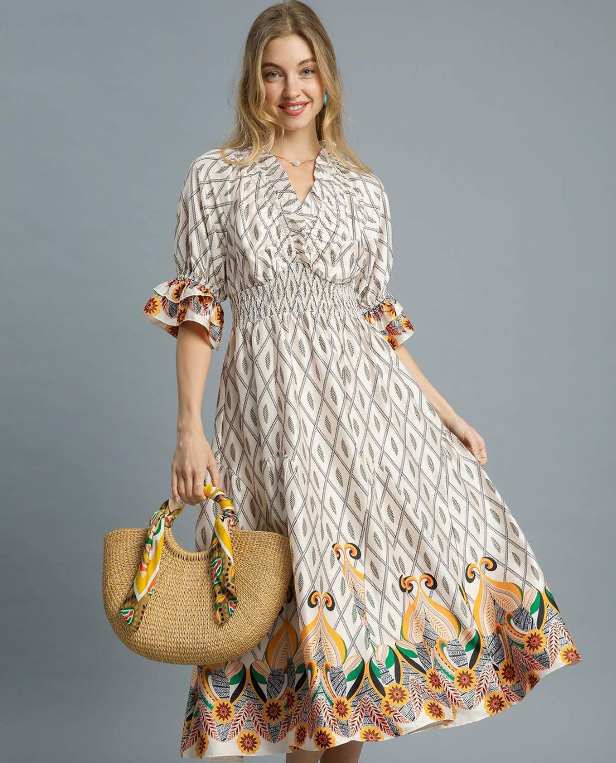 Boho Printed Smocked Waist Maxi Dress with Ruffle Trim Sleeves