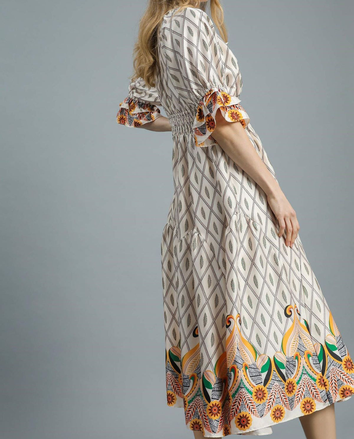 Boho Printed Smocked Waist Maxi Dress with Ruffle Trim Sleeves