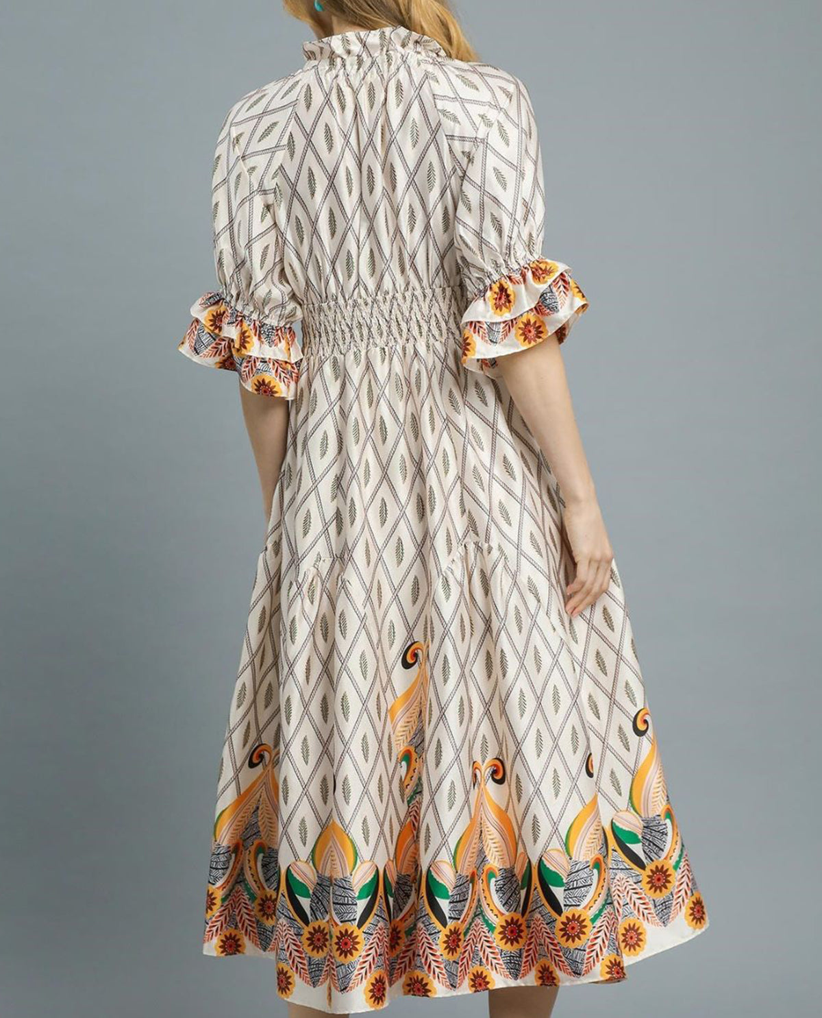 Boho Printed Smocked Waist Maxi Dress with Ruffle Trim Sleeves
