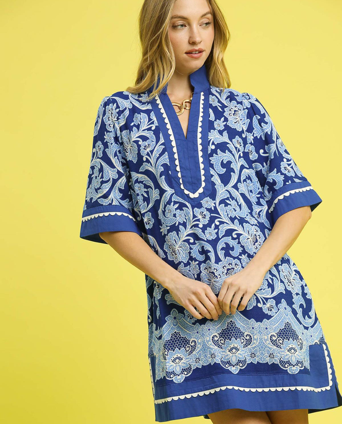 Floral Print Dress with High Collar