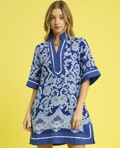 Floral Print Dress with High Collar