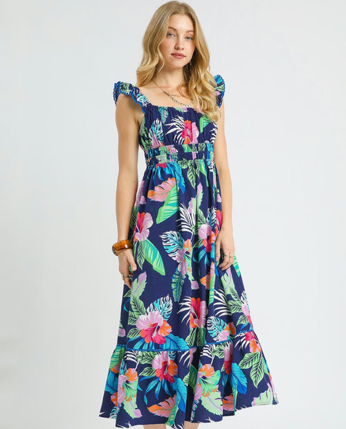 Tropical Midi Print Dress with Ruffle Straps