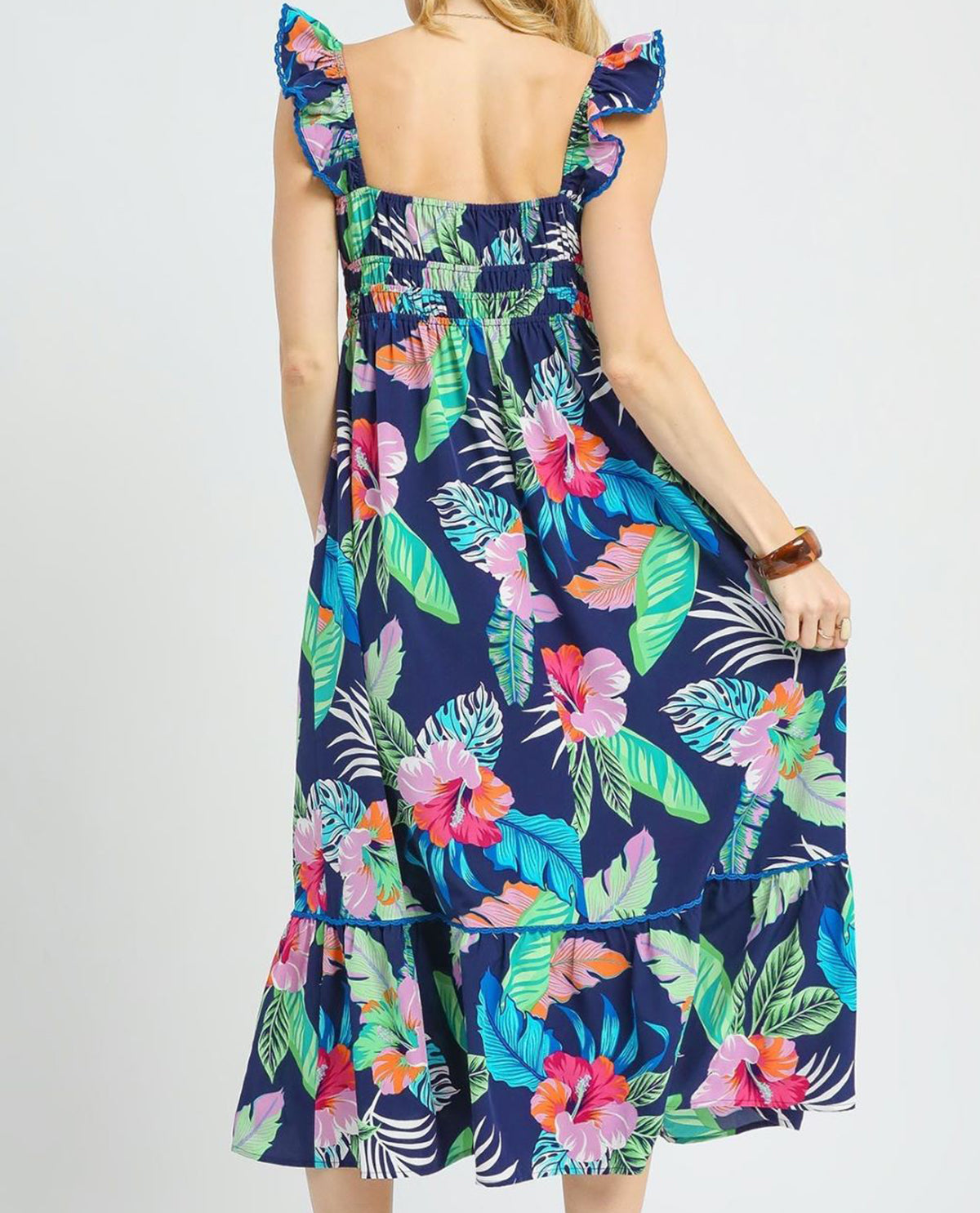 Tropical Midi Print Dress with Ruffle Straps