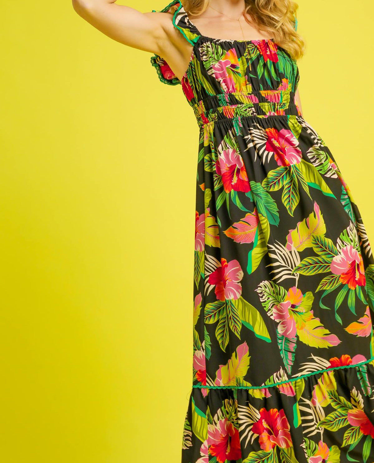 Tropical Midi Print Dress with Ruffle Straps