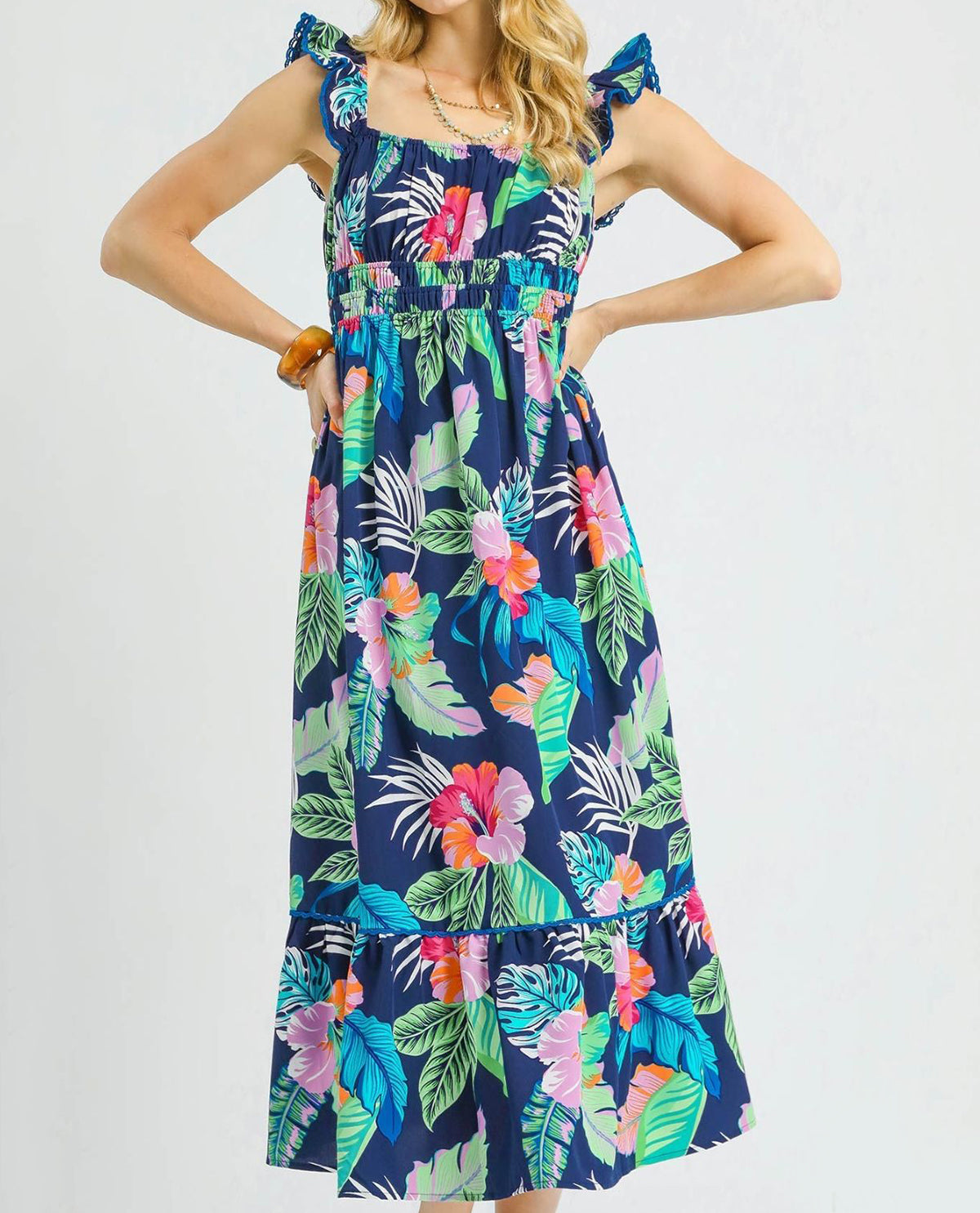 Tropical Midi Print Dress with Ruffle Straps