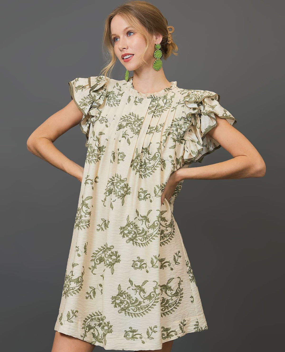 Paisley Print Mini Dress with Ruffle Cap Sleeves