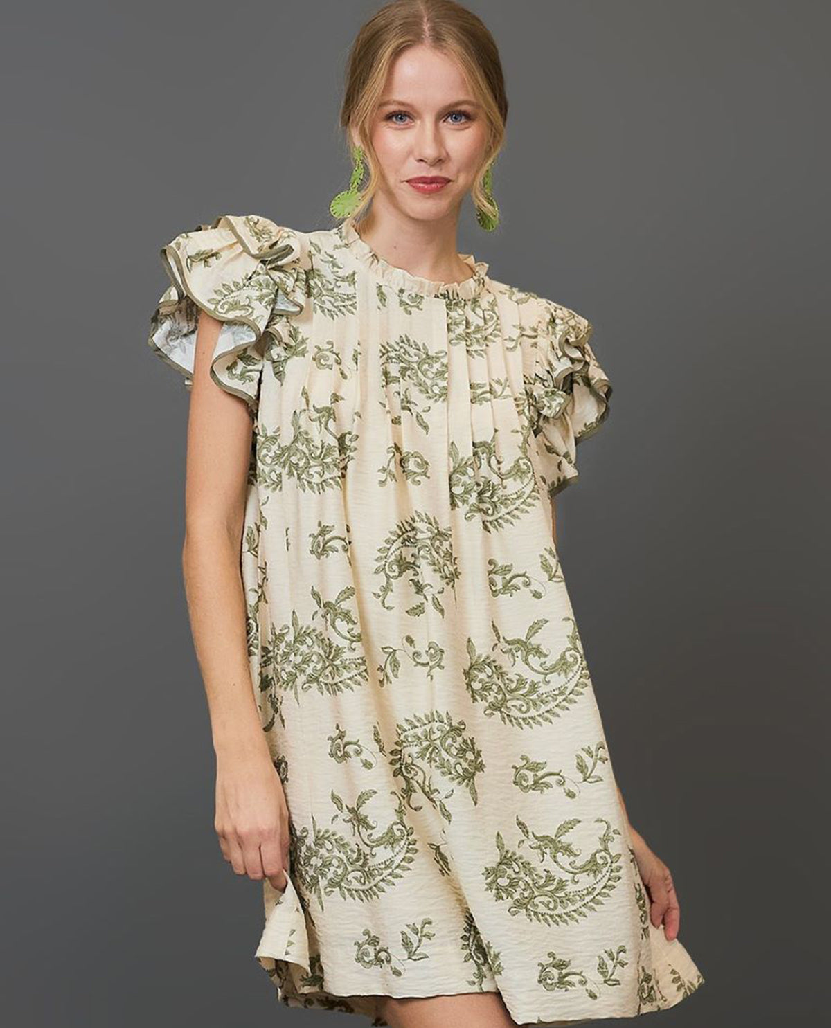Paisley Print Mini Dress with Ruffle Cap Sleeves