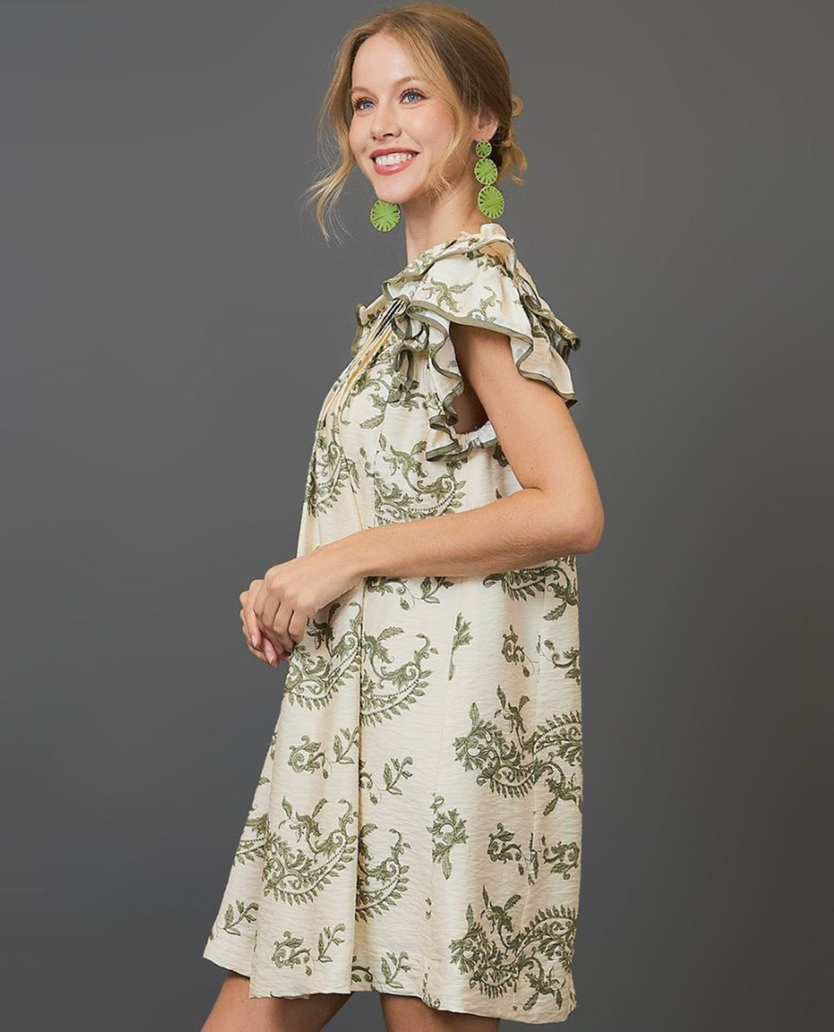 Paisley Print Mini Dress with Ruffle Cap Sleeves